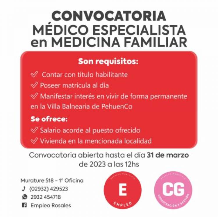 El Municipio abre convocatoria para cubrir vacante de médico familiar en Pehuen Co