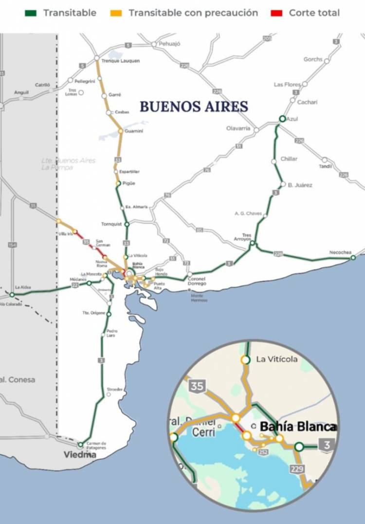 Se mantiene el corte total de tránsito en dos rutas cercanas a Bahía Blanca