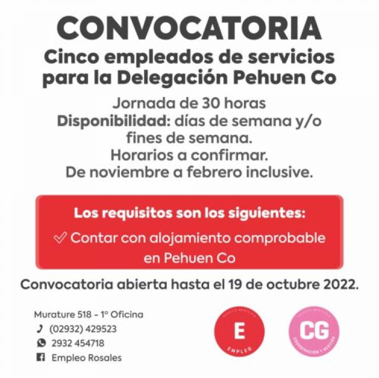 El Municipio de Coronel Rosales llama a cubrir vacantes para Servicios en Pehuen Co