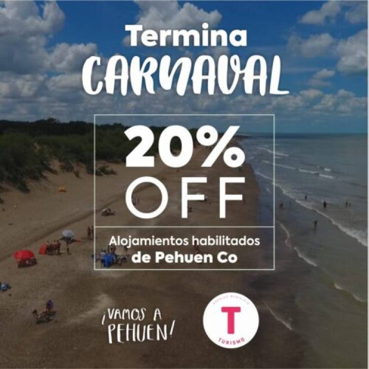 El Municipio lanza promoción de 20% off post carnaval en alojamientos habilitados de Pehuen Co 
