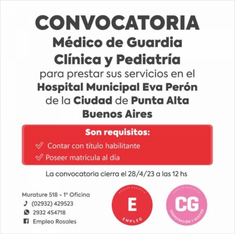 El Municipio de Coronel Rosales abre convocatoria para cubrir vacante de médicos y enfermero 