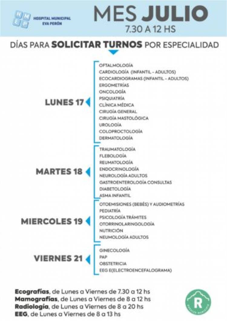 Desde el lunes en el Hospital Municipal Eva Perón se entregarán nuevos turnos para la atención de las distintas especialidades