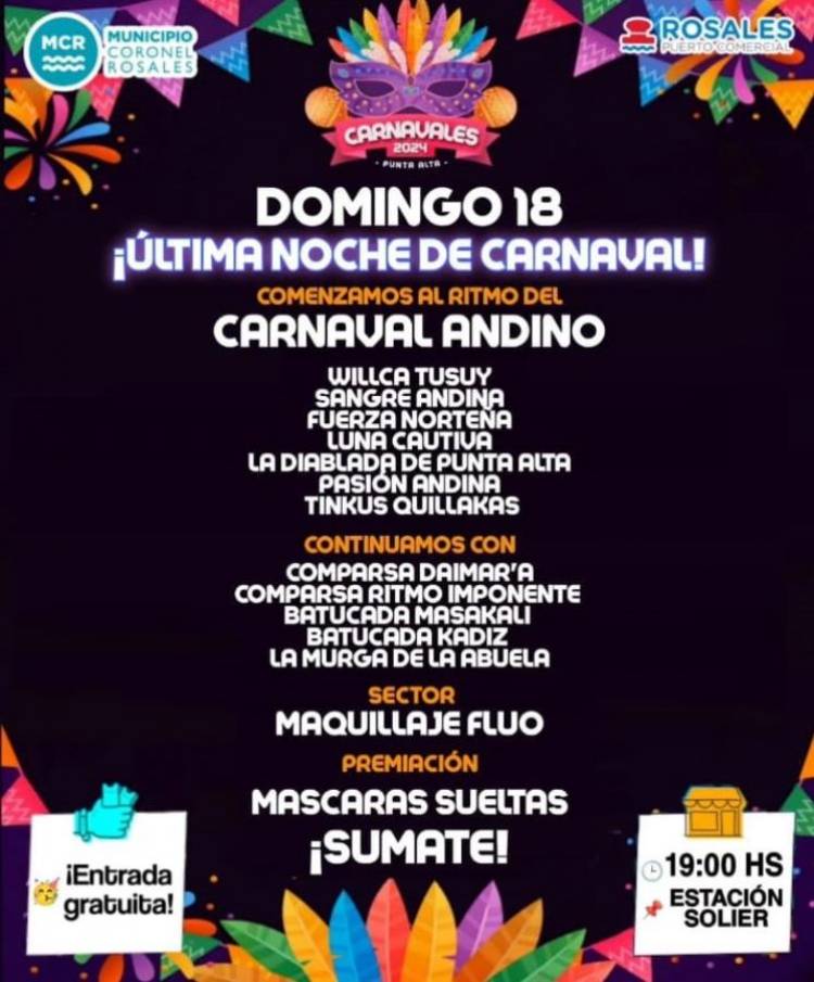 Este domingo será la última noche de carnavales en Punta ALta