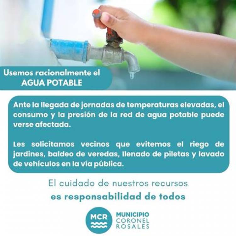 El Municipio de Coronel Rosales recomienda el uso racional del agua potable