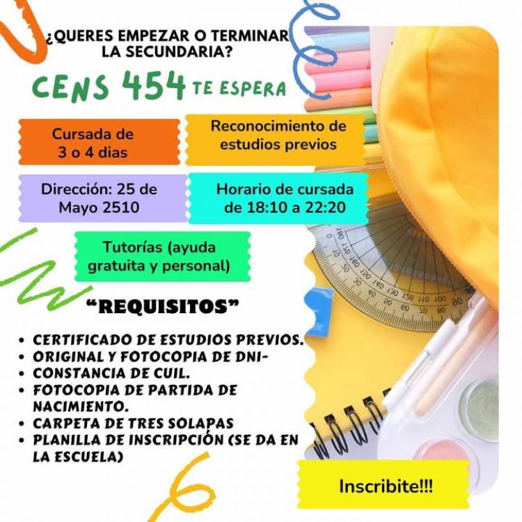 El CENS 454 abre las inscripciones para jóvenes y adultos que necesitan completar sus estudios  secundarios