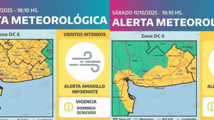Alerta amarilla vigente para el domingo por lluvias y viento en Coronel Rosales y la zona
